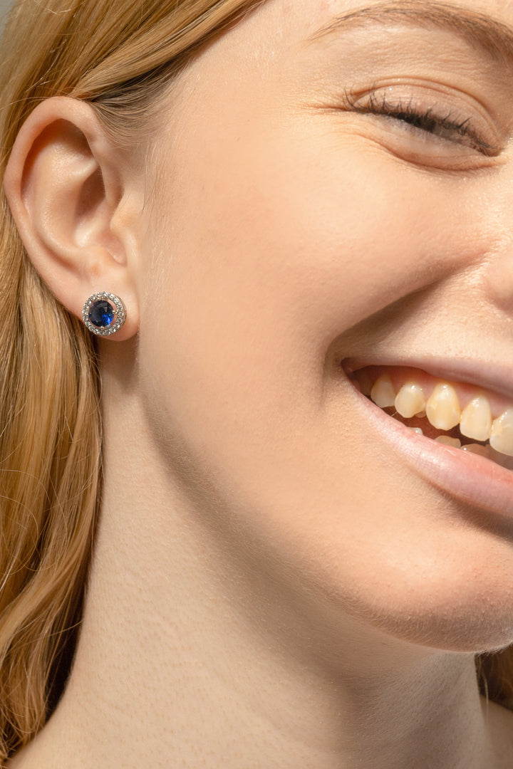 Halo Studs Earrings with Blue Crystal Center Stone