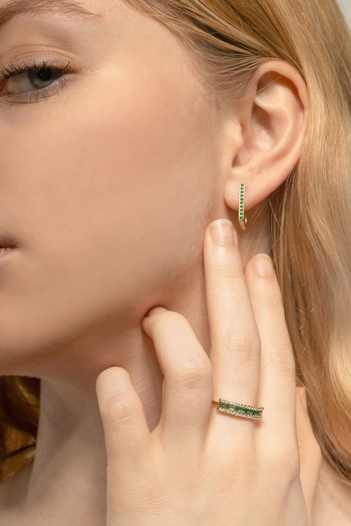 Rectangular Hoop Earrings with Green Spinel Pave