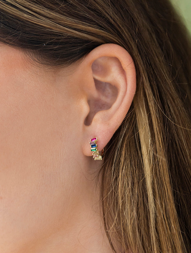 Rainbow Baguette CZ Hoop Earrings
