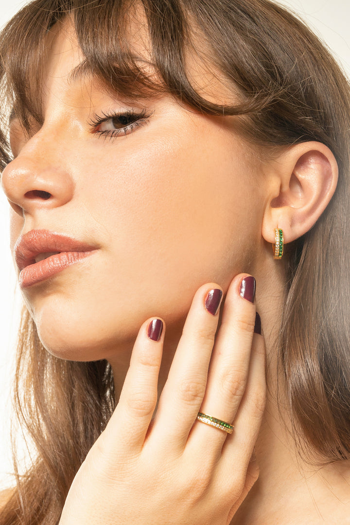 Green Spinel Baguettes and CZ Huggie Earrings