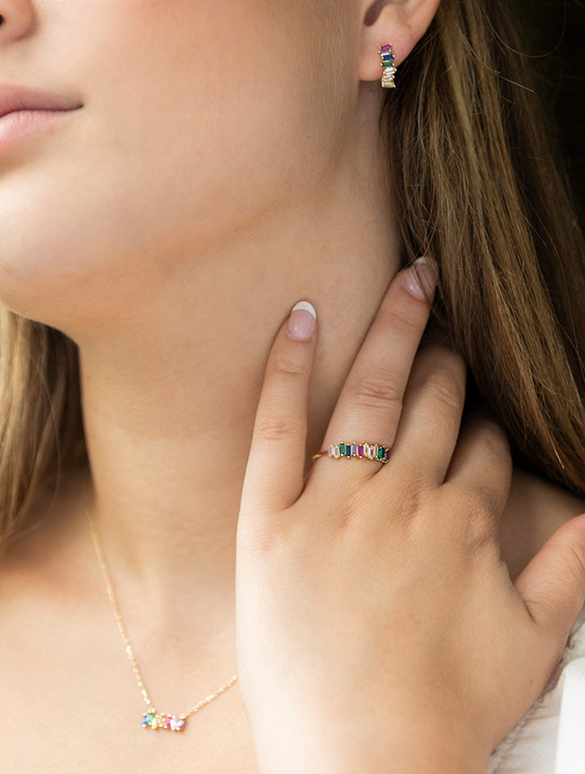 Rainbow Baguette CZ Hoop Earrings
