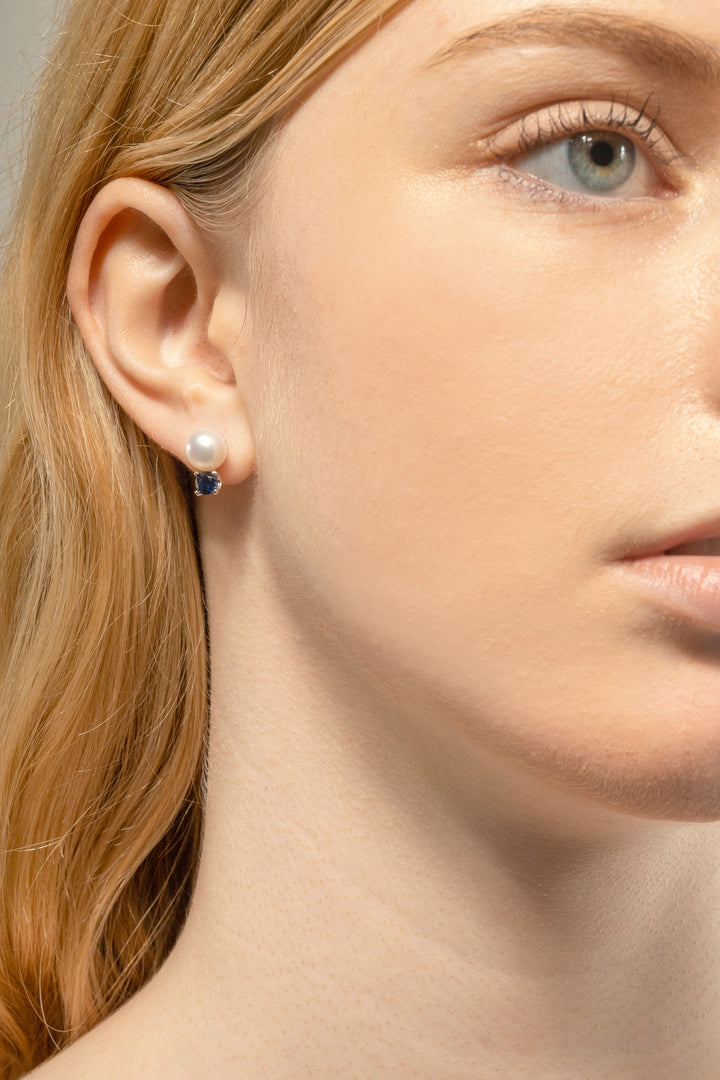 Fresh Water Pearl and Blue Spinel Stud Earrings