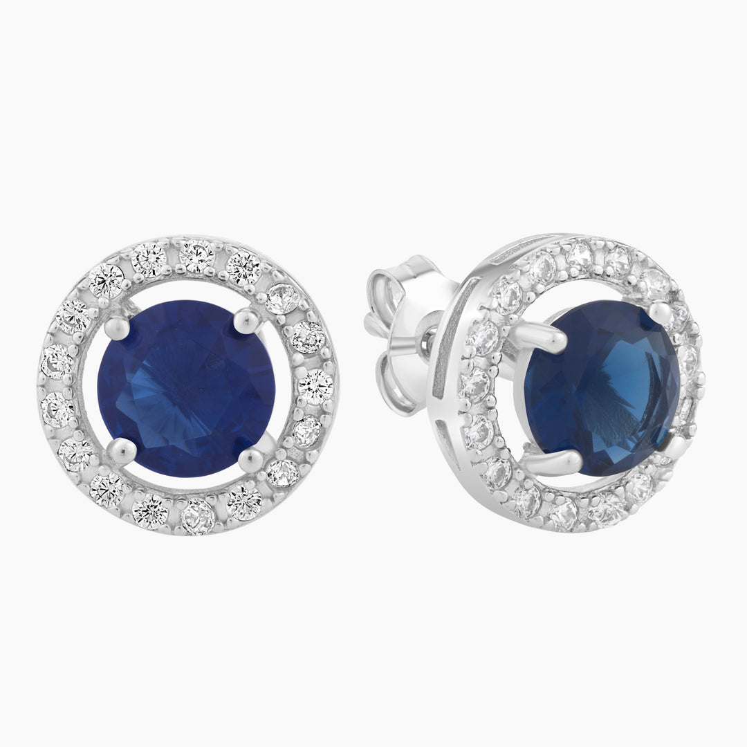 Halo Studs Earrings with Blue Crystal Center Stone