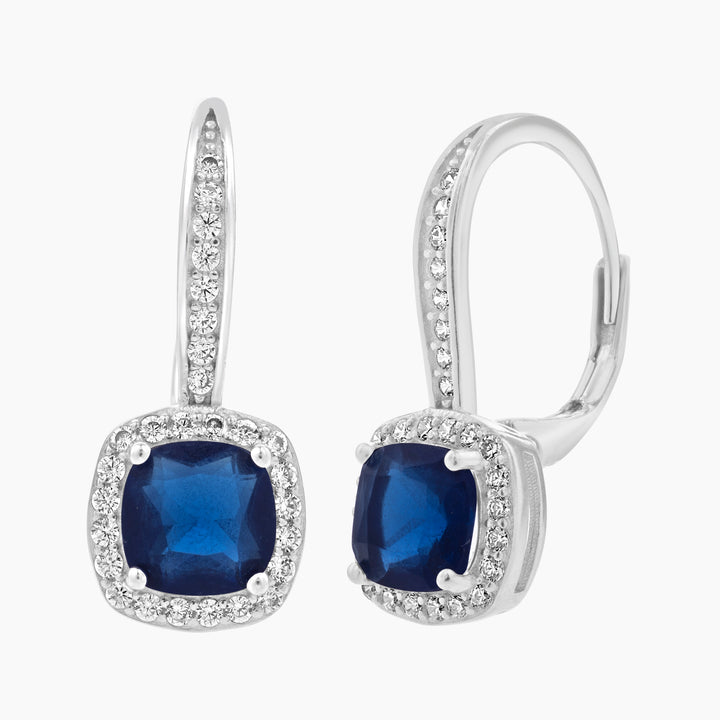 Lever Back Halo Earrings with Blue Crystal