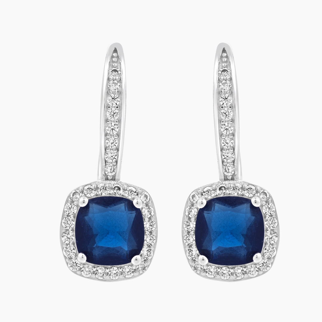 Lever Back Halo Earrings with Blue Crystal