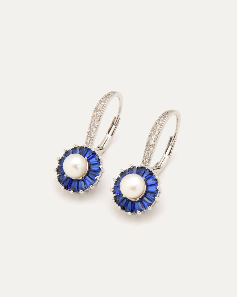 Freshwater Pearl & Blue Spinel Halo Leverback Earring