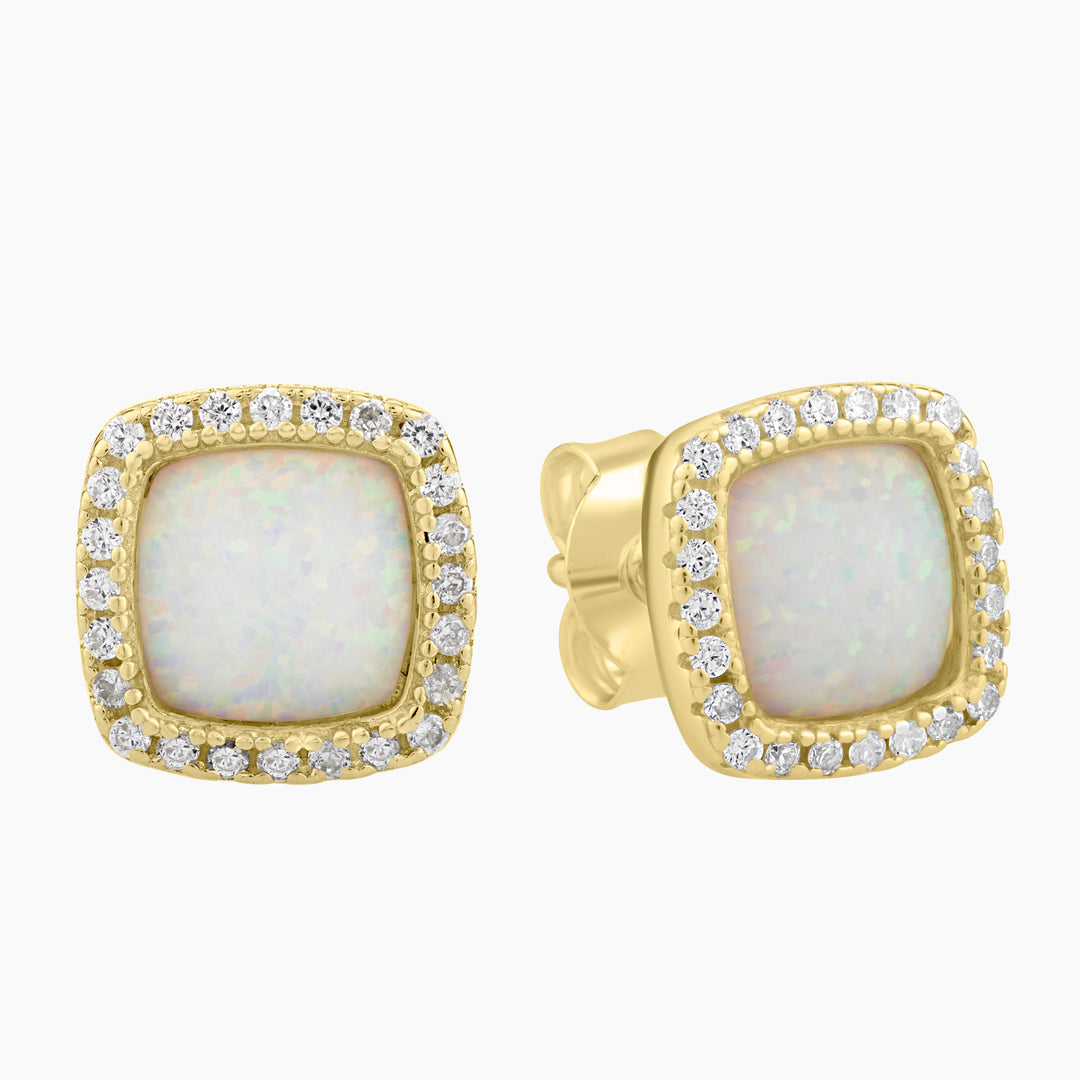 White Opal Halo Stud Earrings