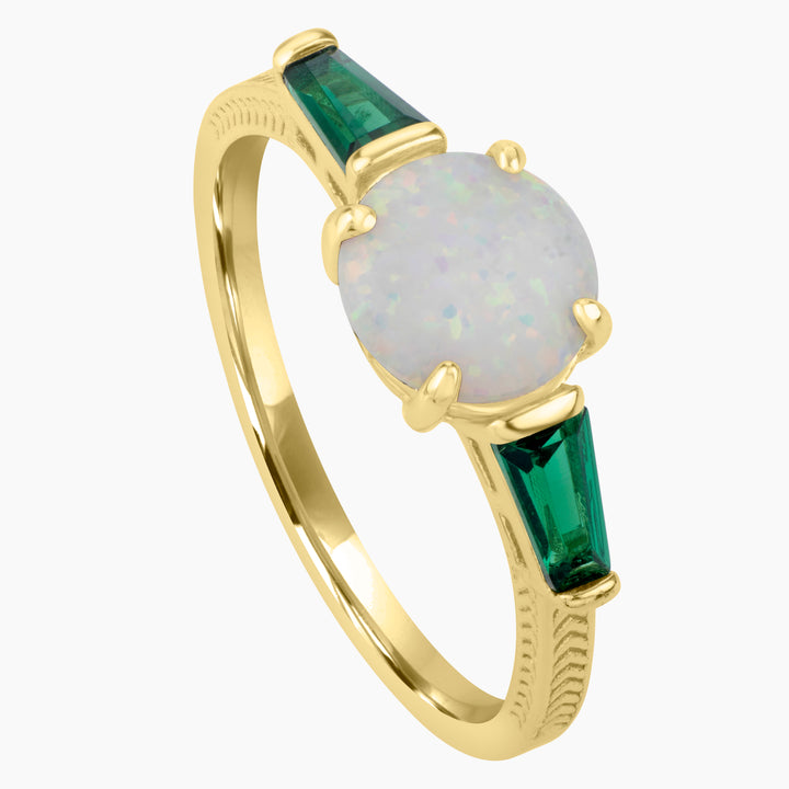 White Opal Green Baguettes Ring