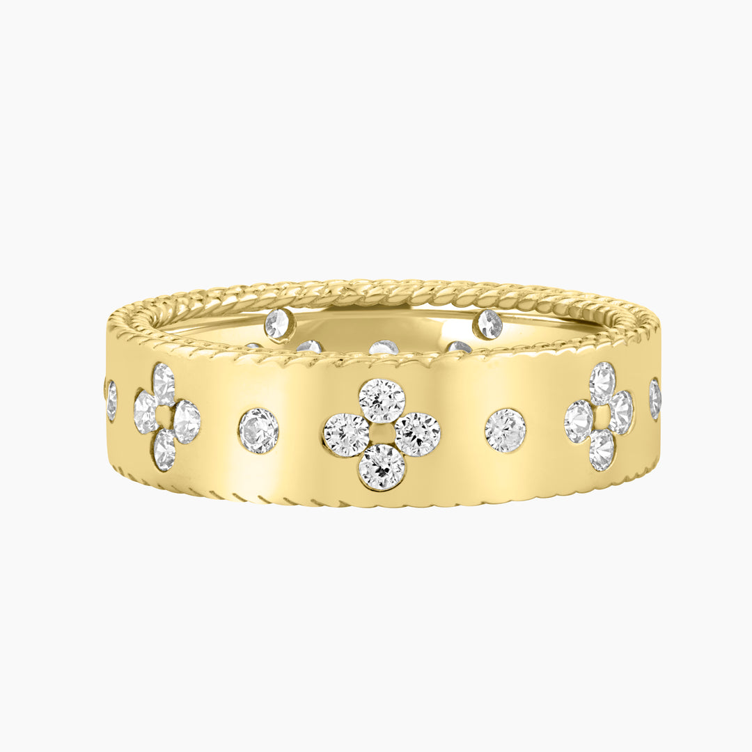 Band Ring with CZ Flower Motif and Accent