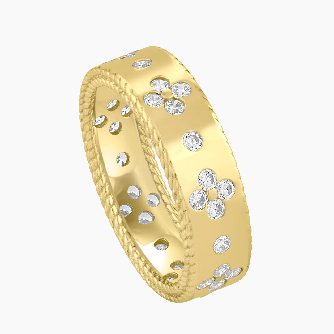 Band Ring with CZ Flower Motif and Accent