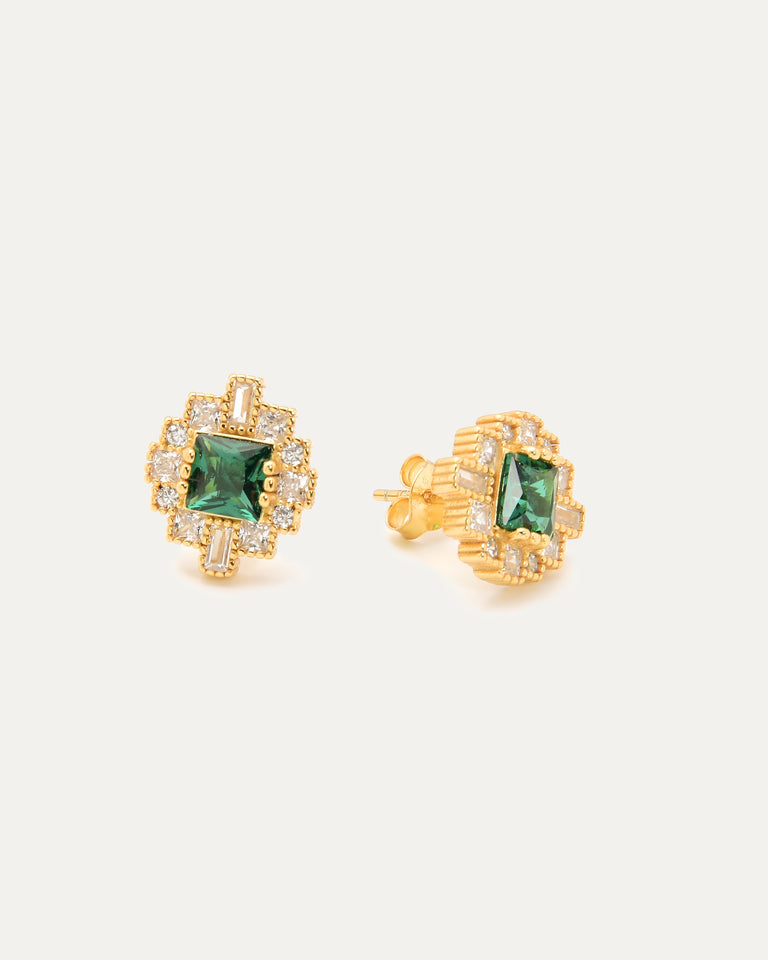 Art Deco Princess Cut Green Spinel Stud Earrings