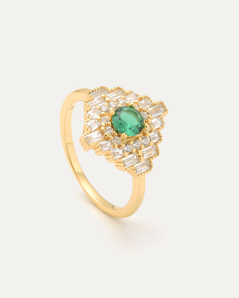 Emerald Accent Deco Diamond Ring