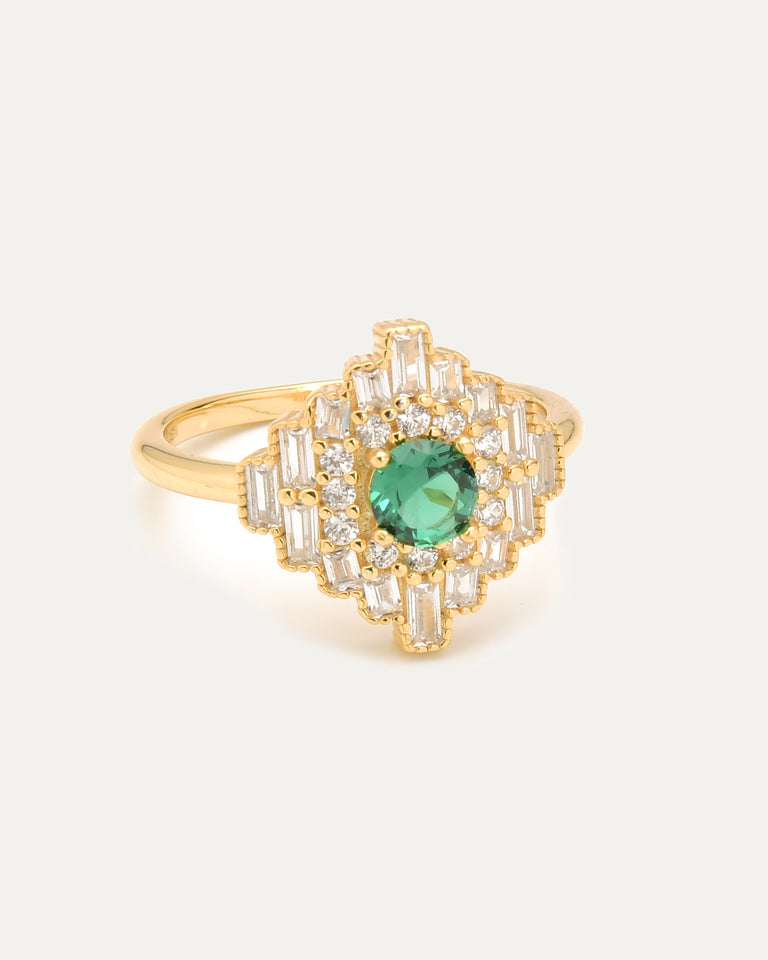 Emerald Accent Deco Diamond Ring
