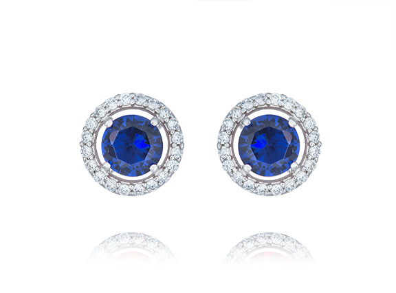 Halo Studs Earrings with Blue Crystal Center Stone