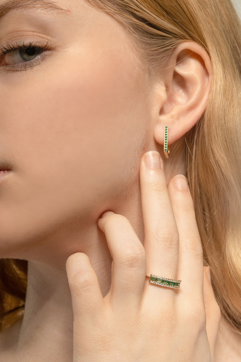 Rectangular Hoop Earring with Green Spinel Pave