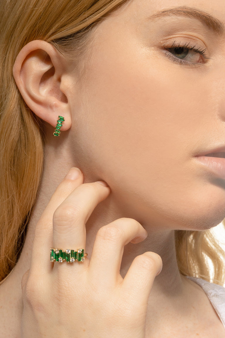Green Spinel Baguettes Hoop Earrings