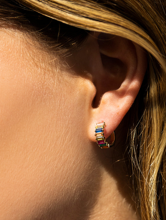 Multi Colored Baguette CZ Huggie Earrings