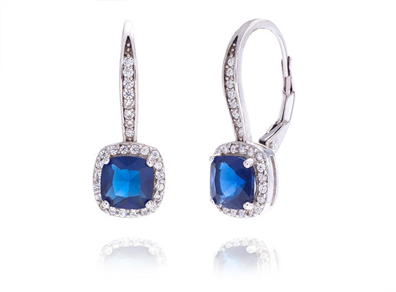 Lever Back Halo Earrings with Blue Crystal