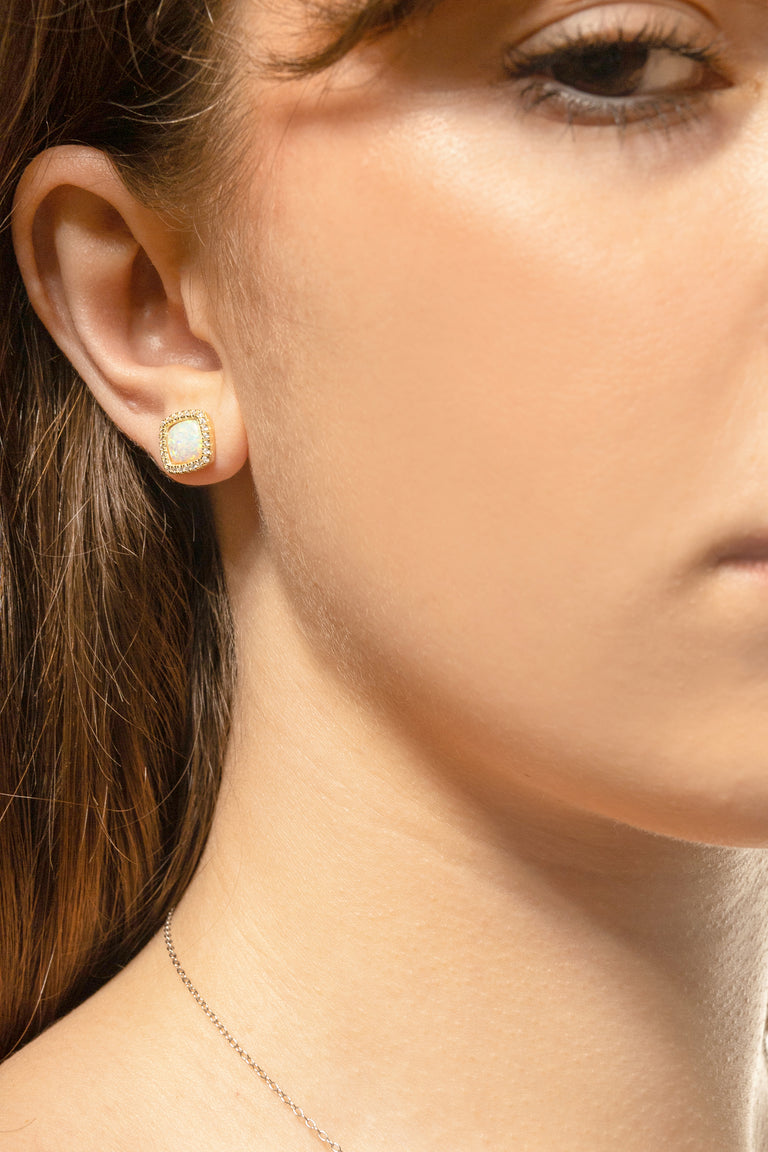 White Opal Halo Stud Earrings