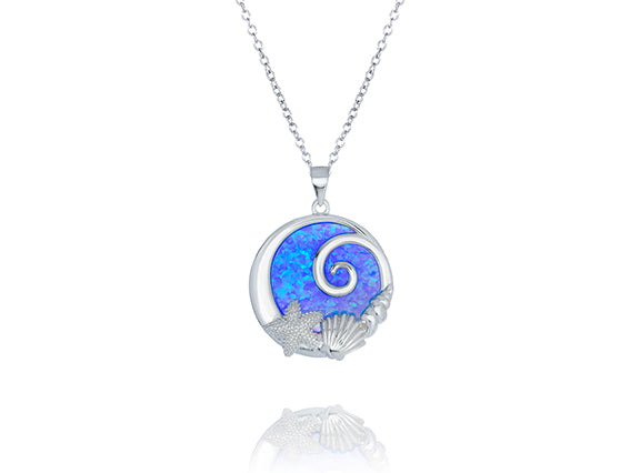 Wave Sea Life Pendant with Created Opal on Chain