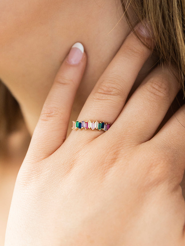 Rainbow Color Baguette CZ Ring