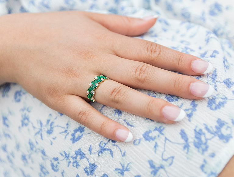 Green Emerald color Baguettes CZ Ring