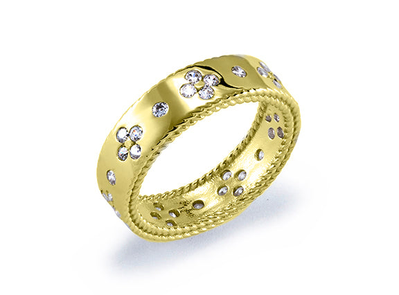 Band Ring with CZ Flower Motif and Accent