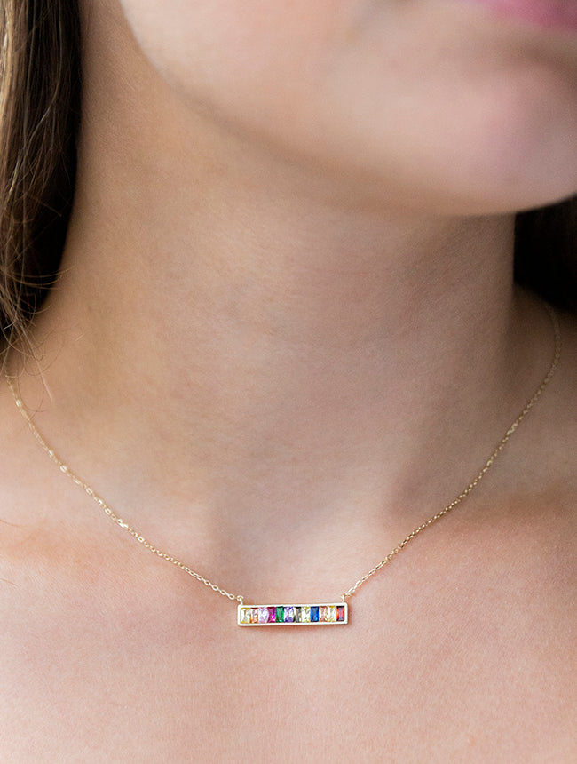 Rainbow Color Cubic Zirconia Bar Necklace